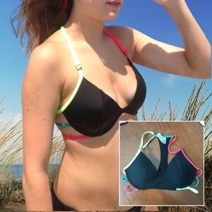 PINK Victoria’s Secret Black Neon Strappy Racerback Bikini Top